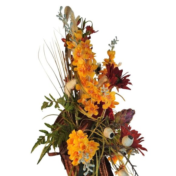 Artificial Floral Arrangement In Vintage Fishing Creel Wicker Basket With Leathe - Picture 11 of 14